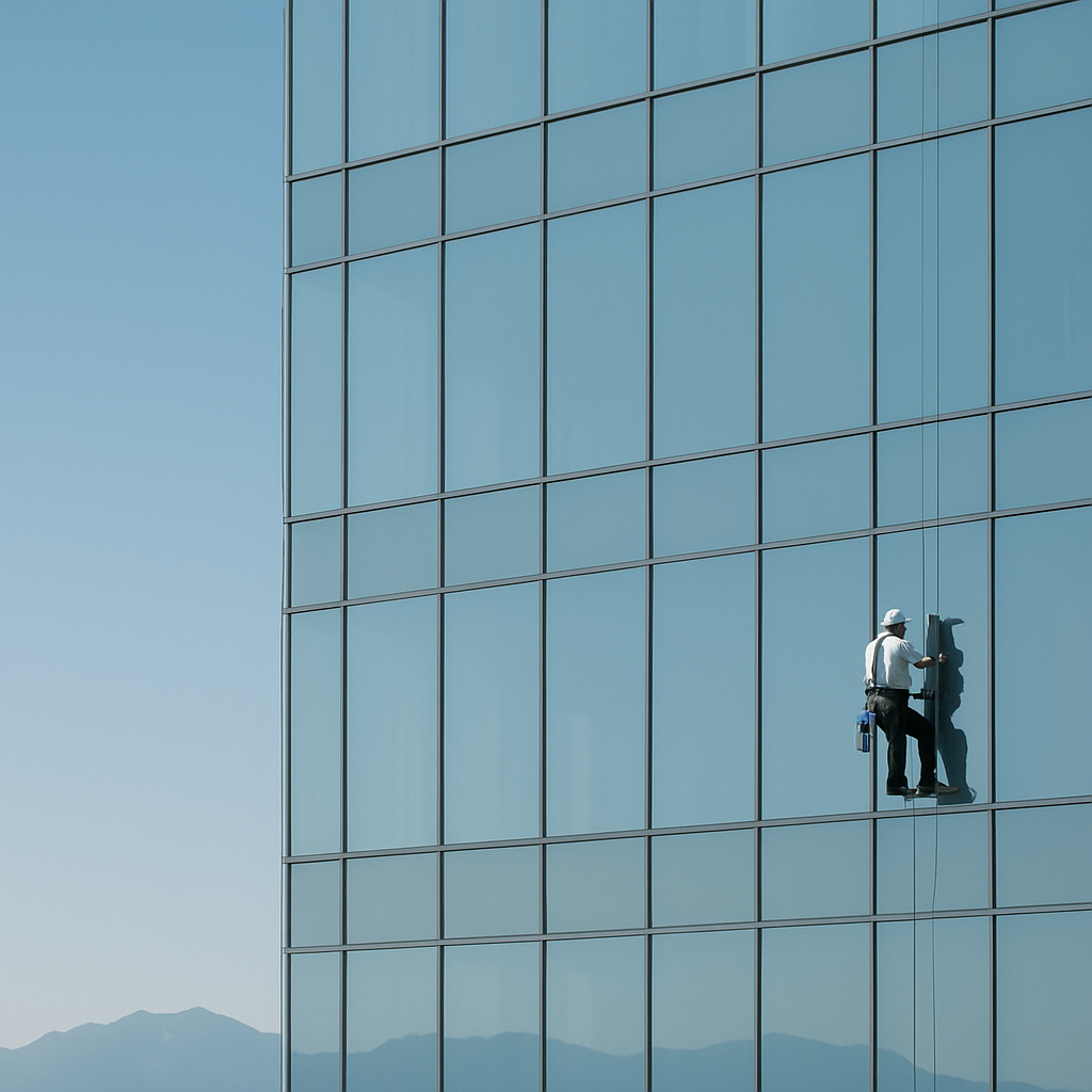 Professional window cleaner working on a modern glass building facade in Metro Vancouver